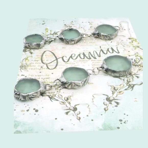 Triple Drop Sea Glass Artisan Earrings w/ Silver Blend Cabochons & 925 Hooks - Picture 11 of 15